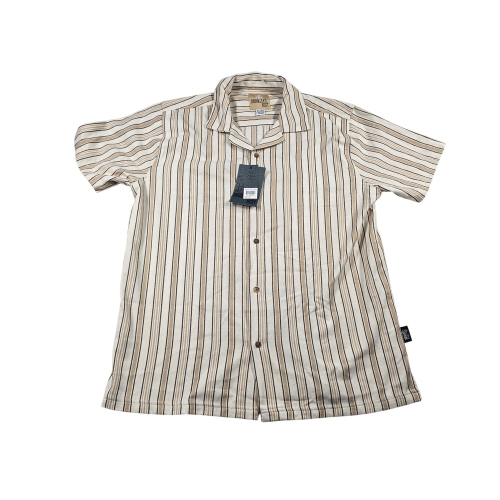 Brooklyn's Best Button Down Men XL Tan Cream New Striped Short Sleeve Shirt